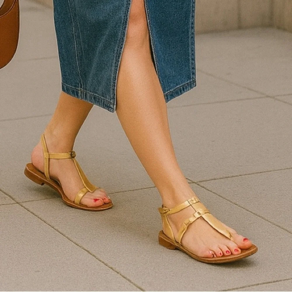 ZARA Gold Leather Thong Flat Sandals | Size 7.5 | Made in India NWT - Picture 3 of 11